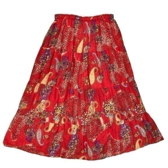 Bobbie Brooks Maxi Skirt Womens Sz 1X Red Tiered Vintage Bohemian Elastic Waist - Picture 1 of 12